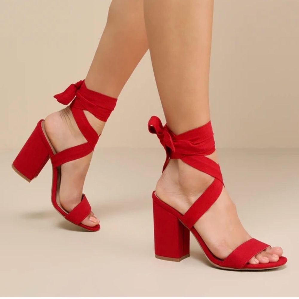 Lulus Dorian Red Suede Lace-Up Block Heel Sandals‎ Size 6 Vegan Suede